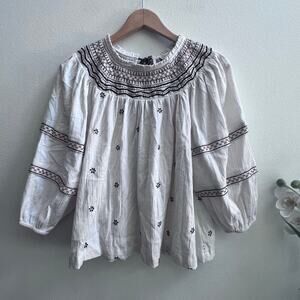 Wonderly Boho Embroidered Smocked Blouse‎ Cream Cotton Top Women's Size Small